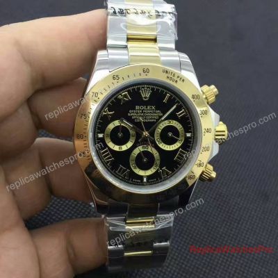 Replica Rolex Cosmograph Daytona Watch 2-Tone Band Black Dial